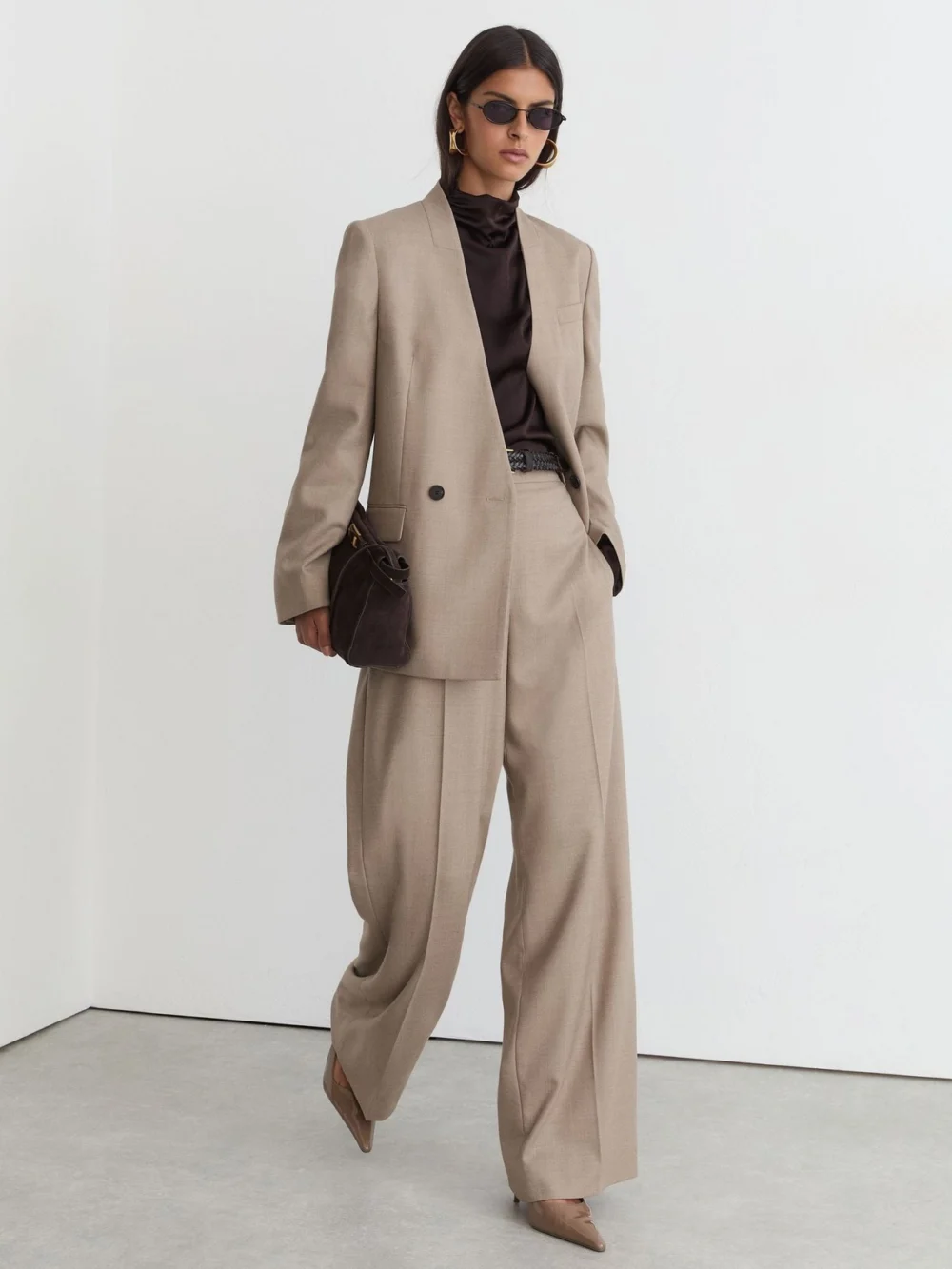 Reiss Neutral Collarless Double-breasted Suit Blazer Wool-blend, view 4