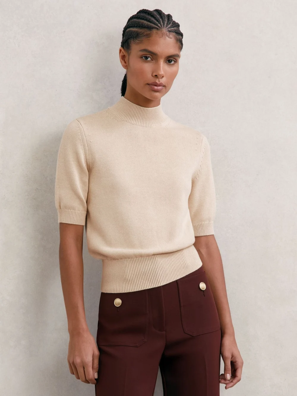 Reiss Neutral Cotton and Wool Funnel-neck Knit Top