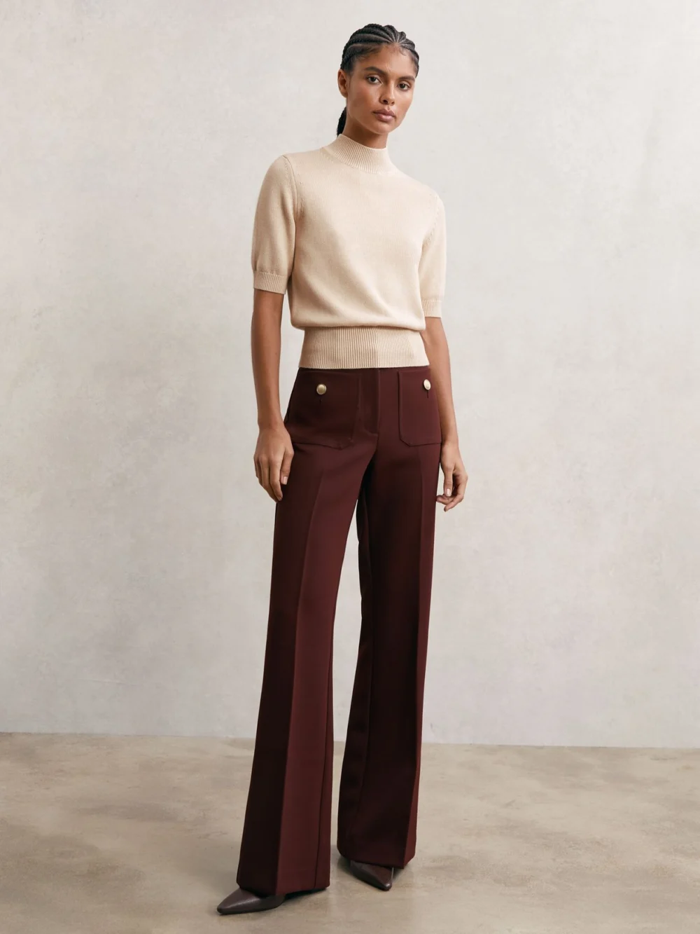Reiss Neutral Cotton and Wool Funnel-neck Knit Top, view 3