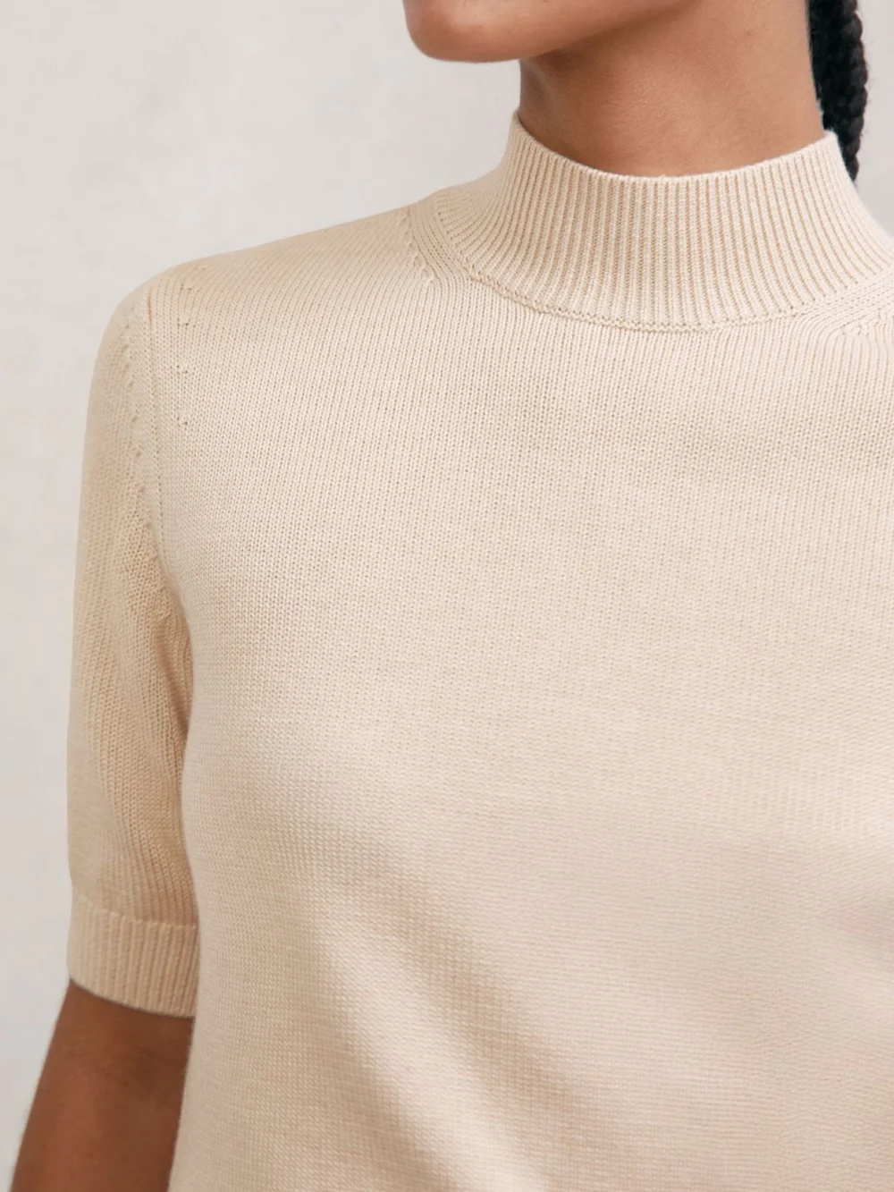 Reiss Neutral Cotton and Wool Funnel-neck Knit Top, view 4