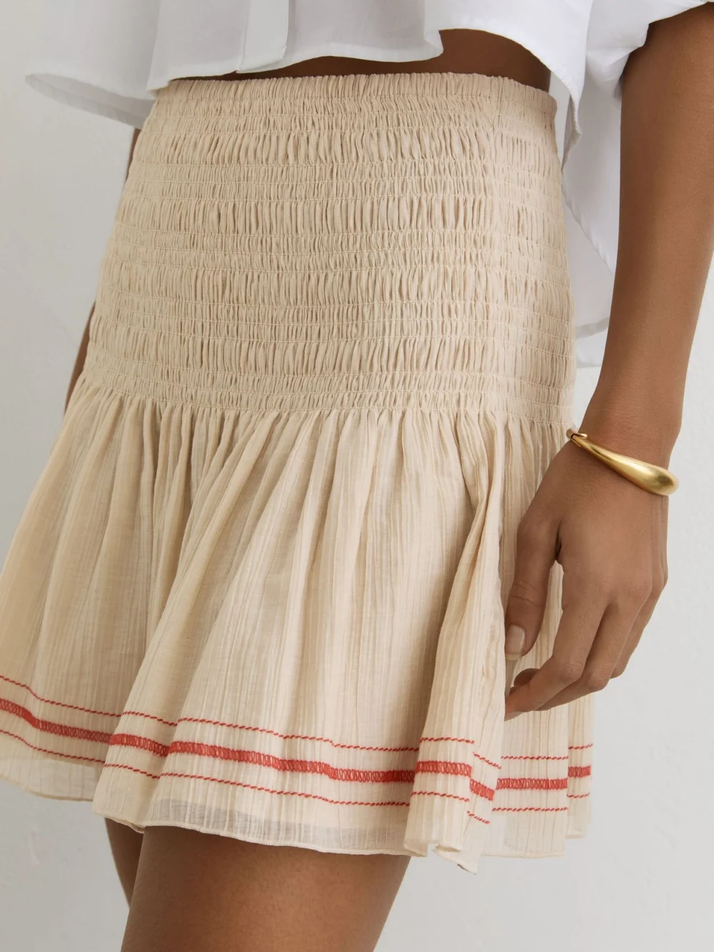Reiss Neutral Cotton-blend Shirred Mini Skirt, view 3