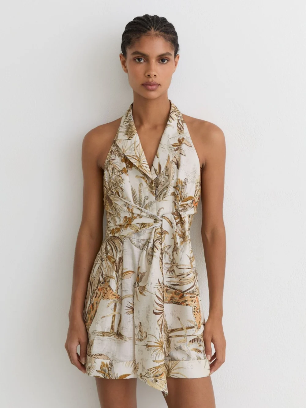 Reiss Neutral Cotton Safari-print Playsuit, view 4