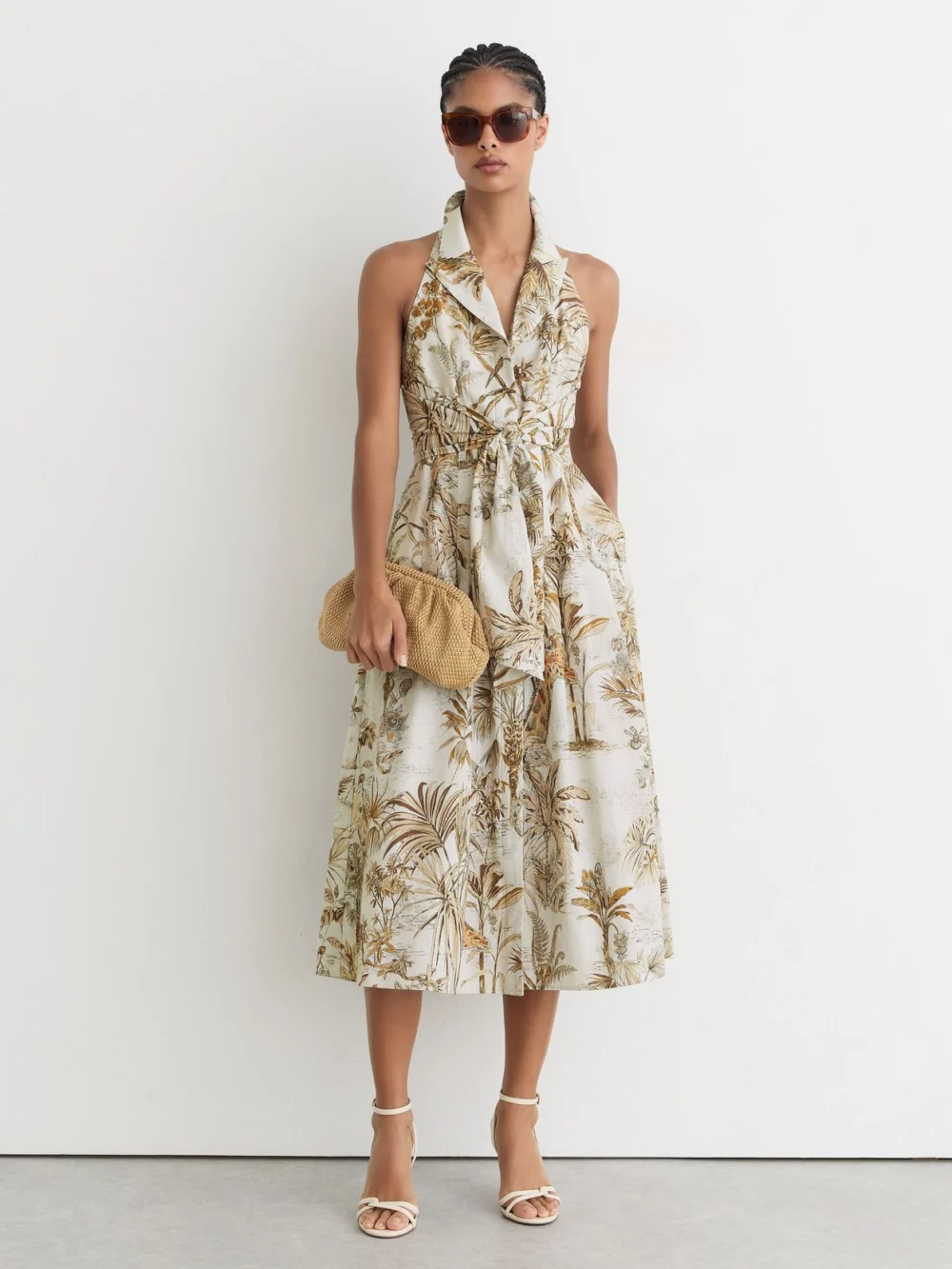 Reiss Neutral Cotton Safari-print Tailored Midi Dress, view 3