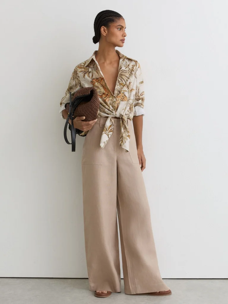 Reiss Neutral Cotton Safari-print Tie-front Shirt