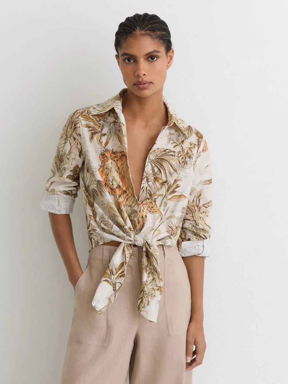 Reiss Neutral Cotton Safari-print Tie-front Shirt, view 3