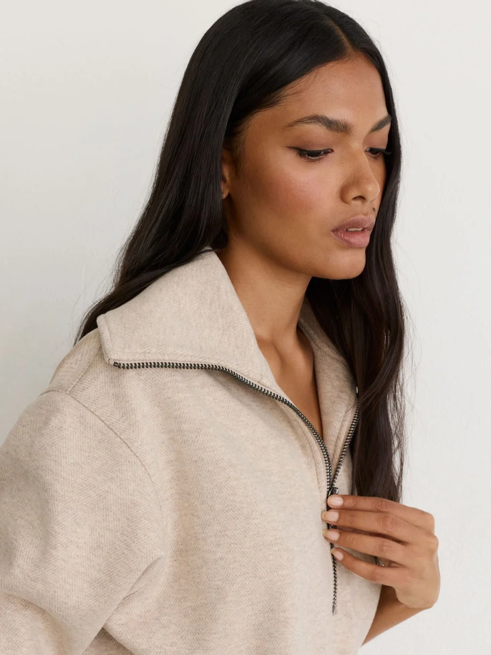 Reiss Neutral Herringbone Half-zip Sweatshirt, view 4