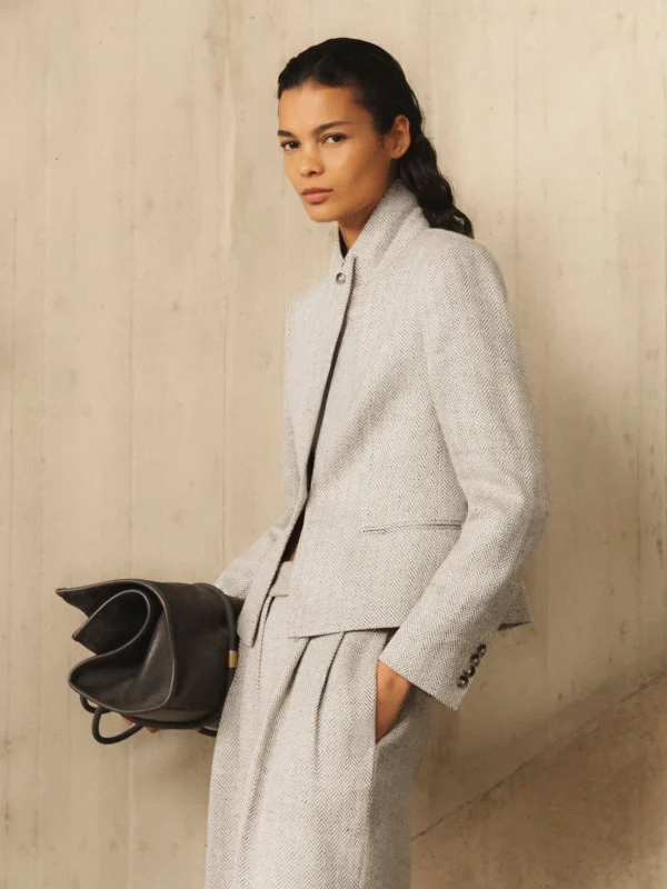 Reiss Neutral Herringbone Linen-blend Cropped Suit Blazer