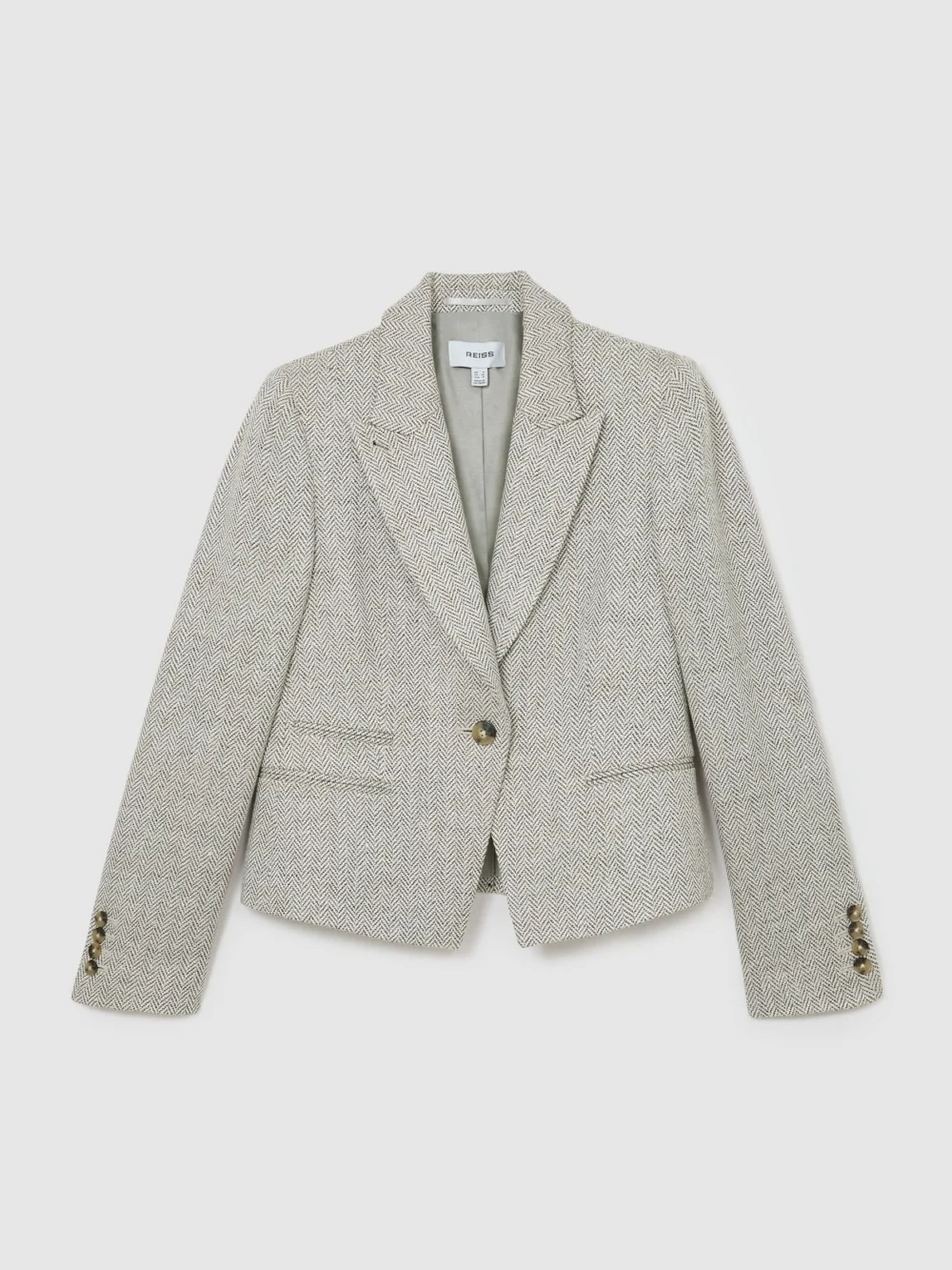 Reiss Neutral Herringbone Linen-blend Cropped Suit Blazer, view 2
