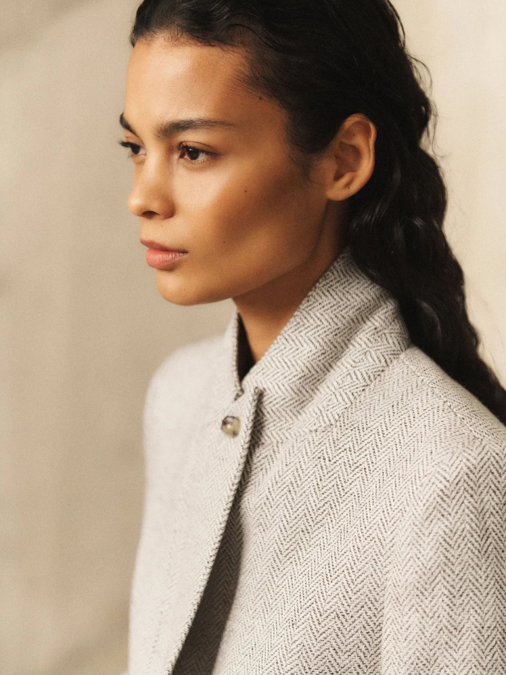 Reiss Neutral Herringbone Linen-blend Cropped Suit Blazer, view 4
