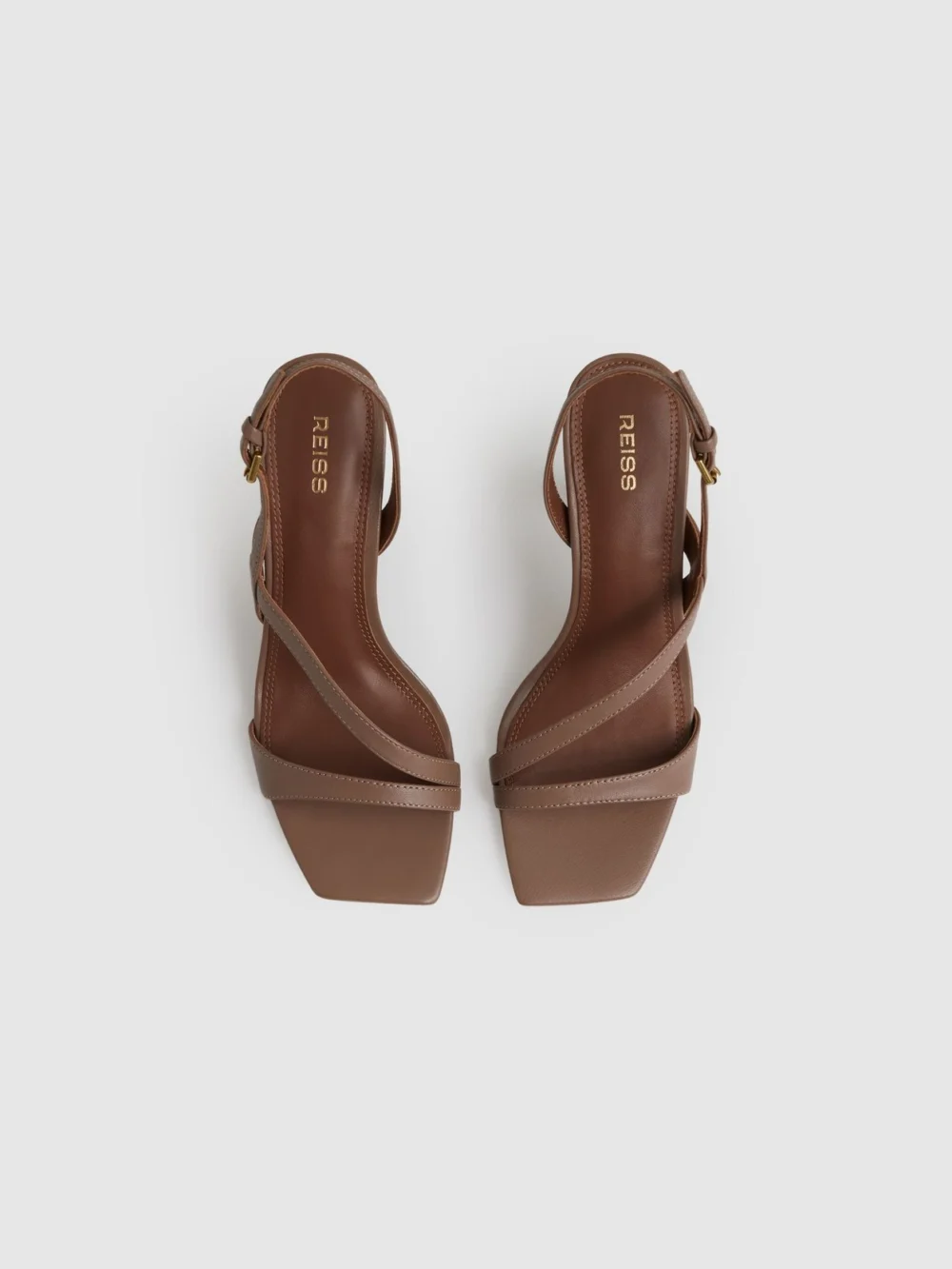 Reiss Neutral Leather Cross-strap Heeled Sandals, view 3