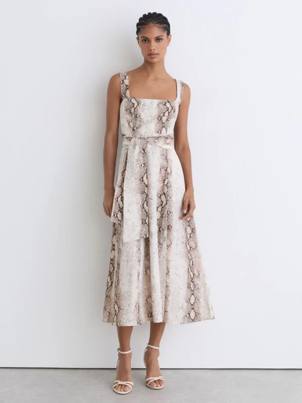 Reiss Neutral Linen-blend Snake-print Midi Dress