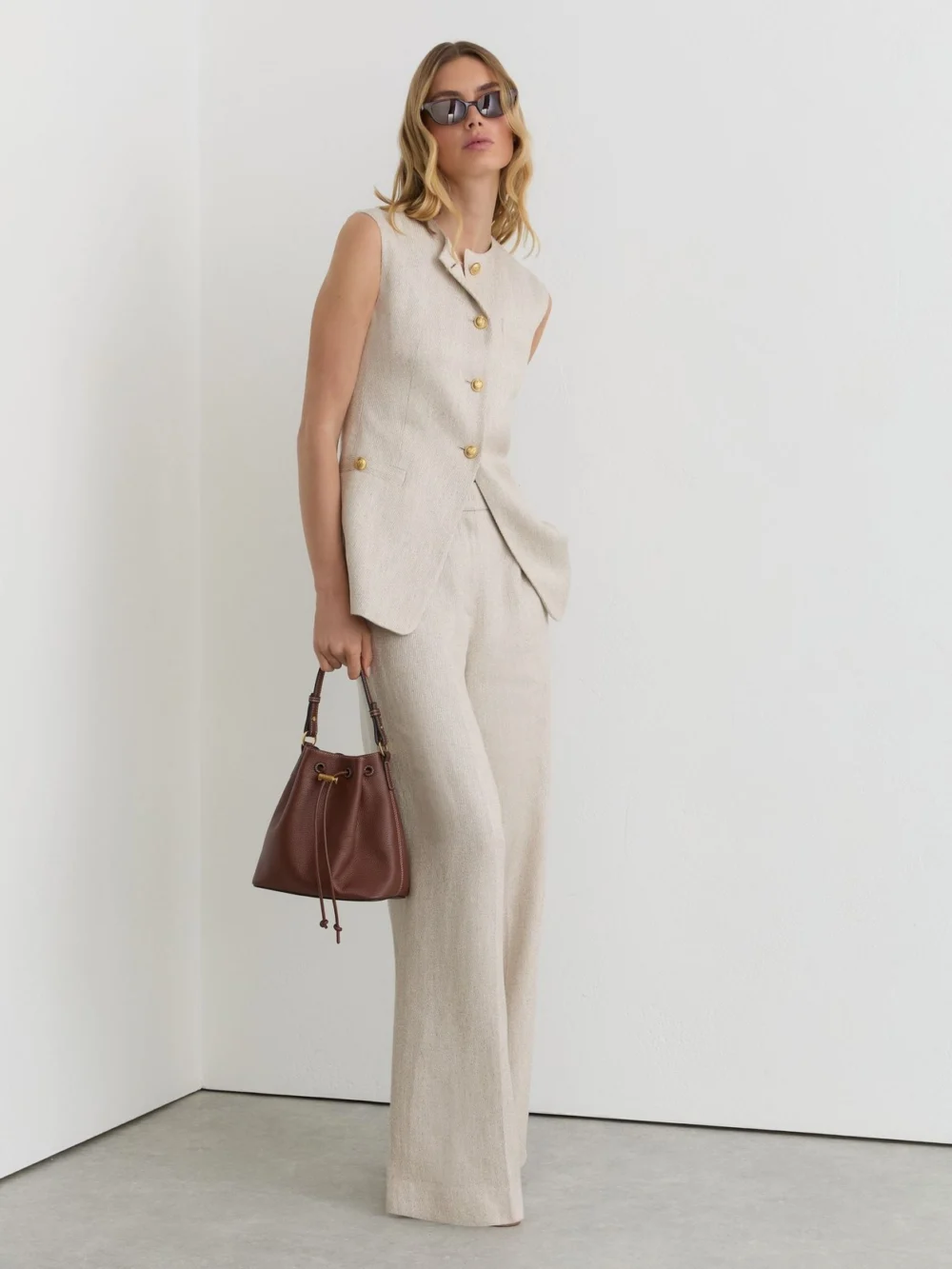 Reiss Neutral Linen-blend Textured Long-line Waistcoat