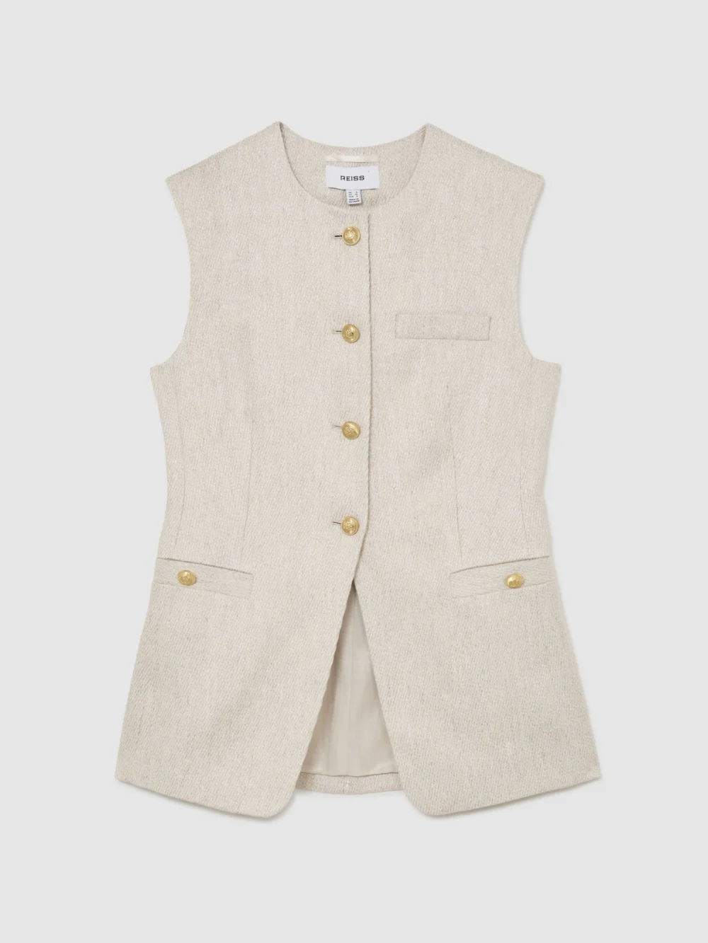 Reiss Neutral Linen-blend Textured Long-line Waistcoat, view 2