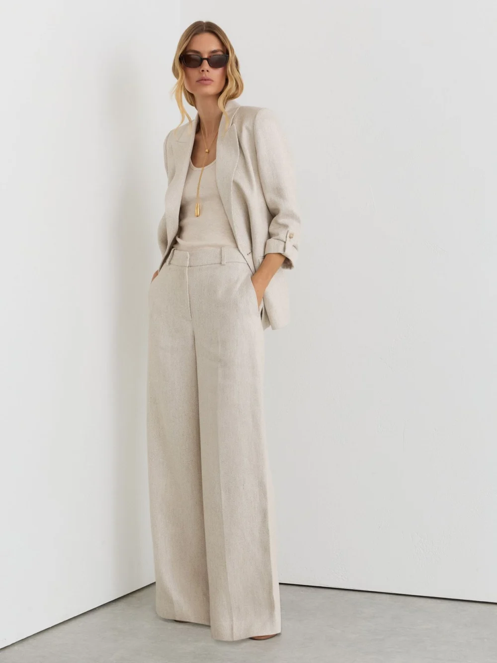 Reiss Neutral Linen-blend Textured Wide-leg Trousers, view 3