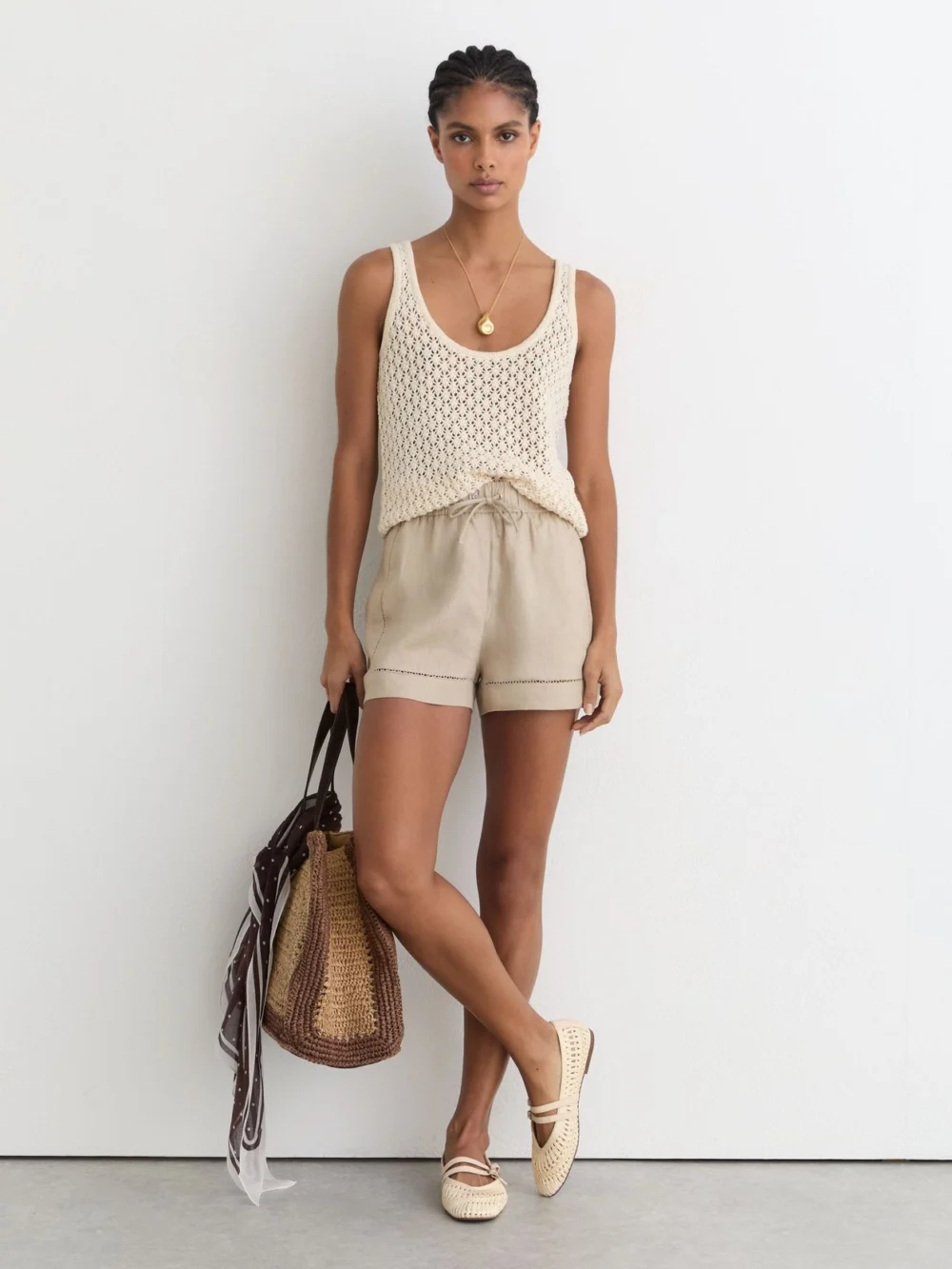 Reiss Neutral Linen Ladder-embroidery Shorts