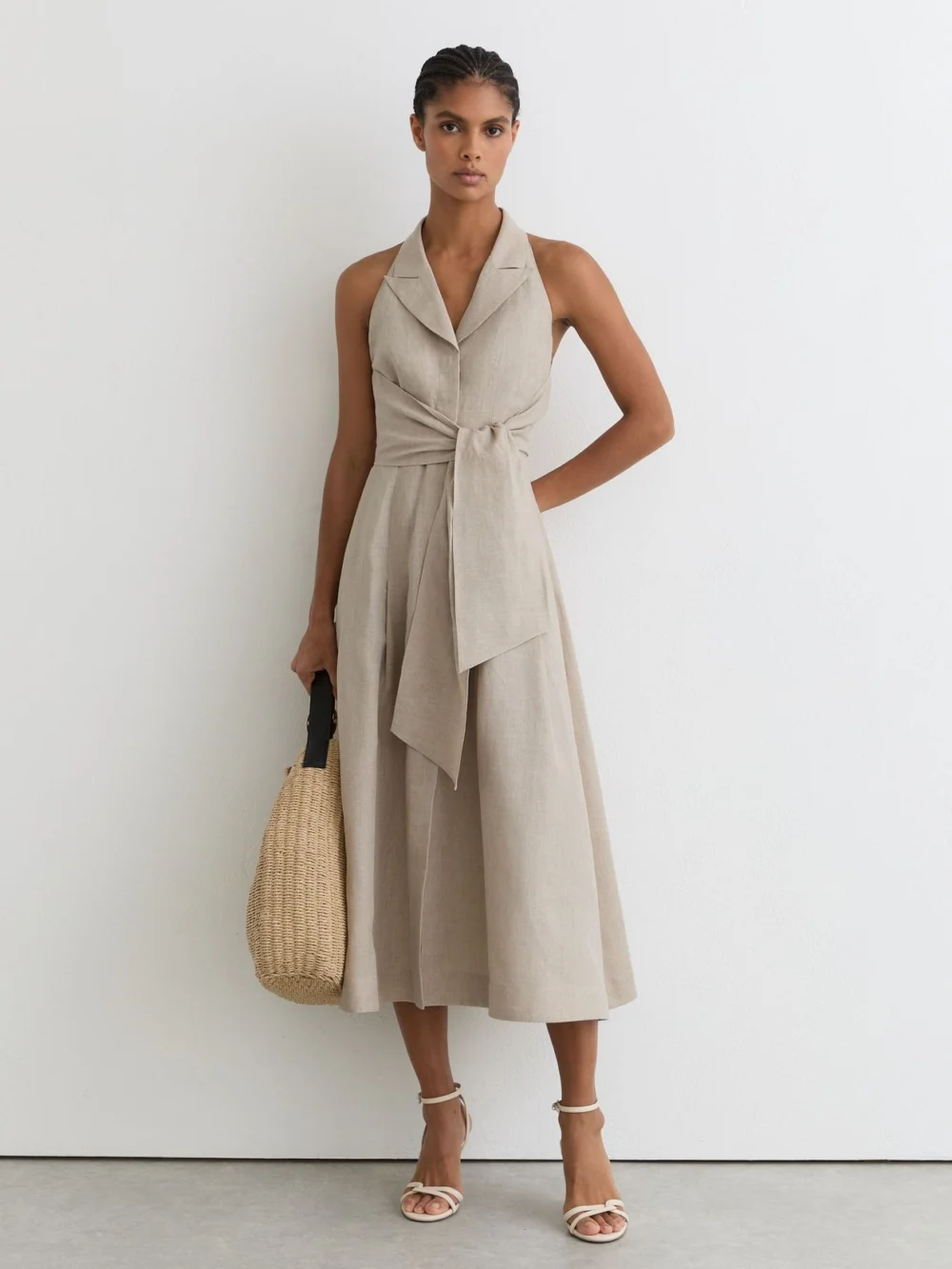 Reiss Neutral Linen Tie-waist Tailored Midi Dress, view 3