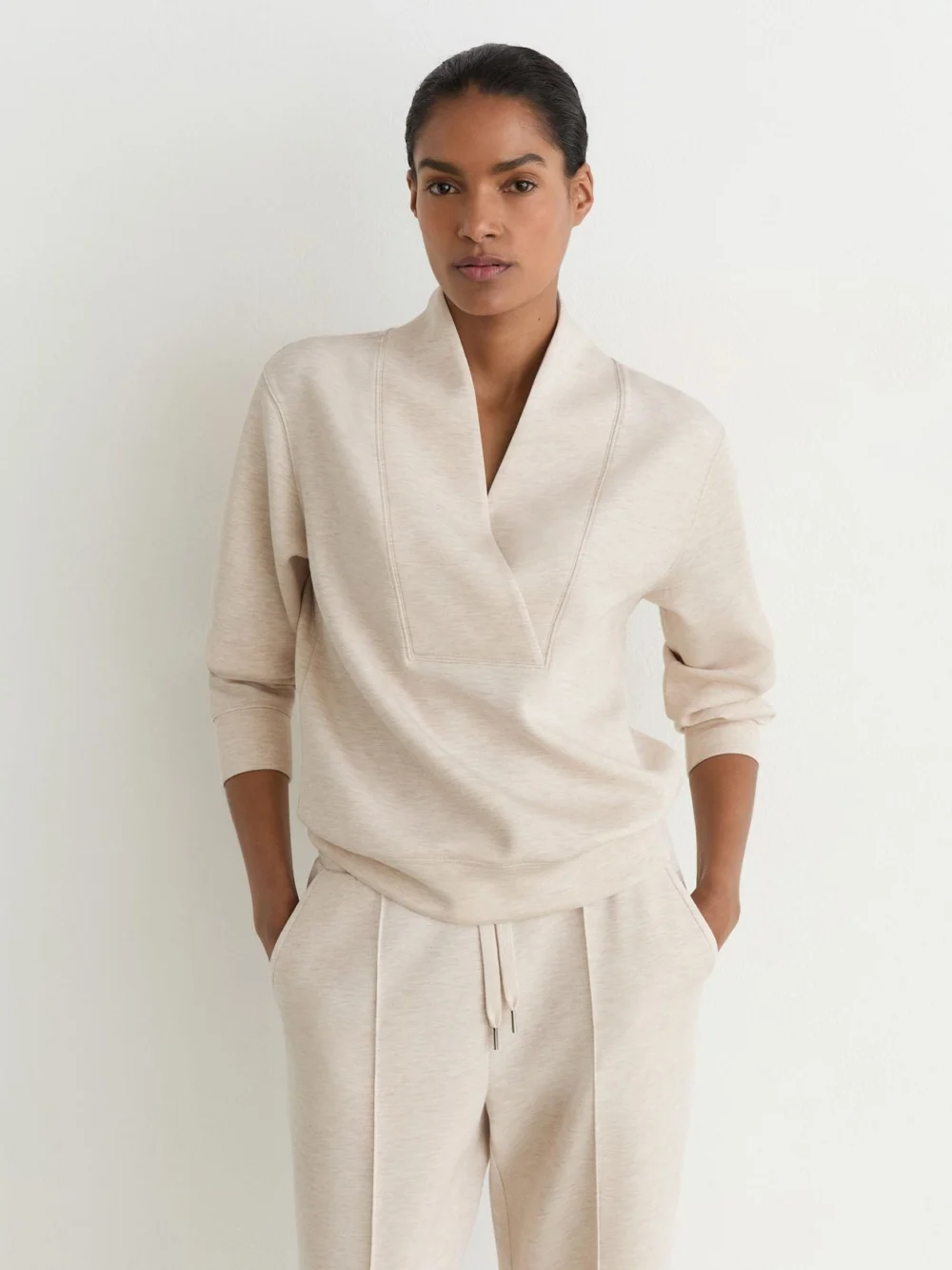Reiss Neutral Marl Premium Interlock Shawl-neck Sweatshirt with
