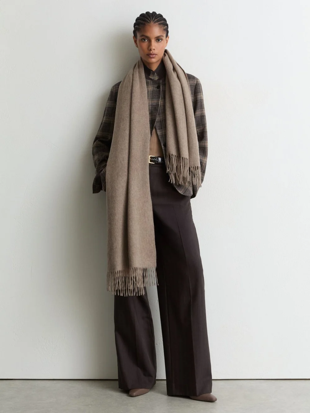 Reiss Neutral Melange Wool and Cashmere Scarf,, view 4