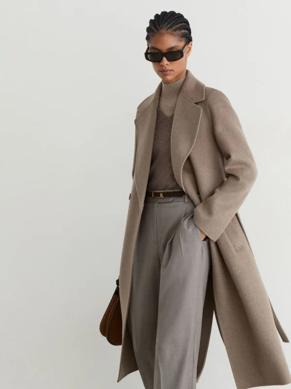 Reiss Neutral Melange Wool-blend Double-breasted Blind-seam Coat with Cashmere