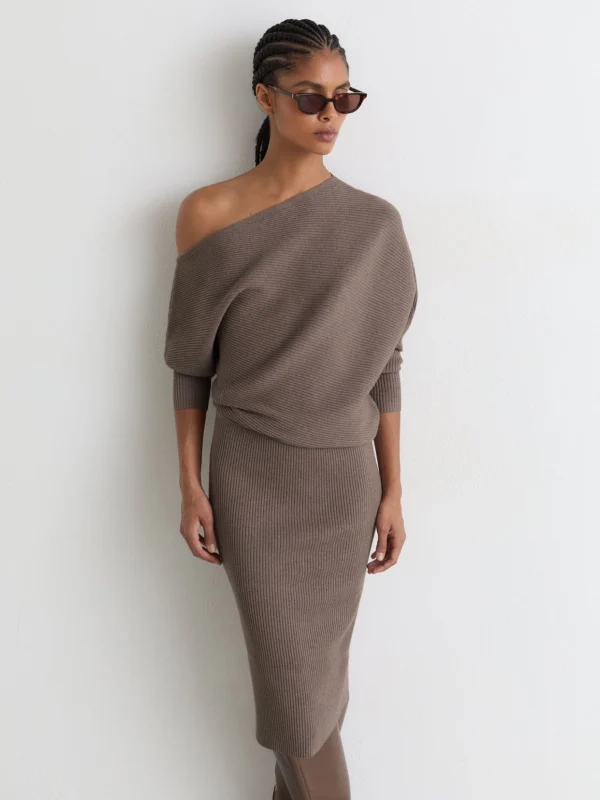 Reiss Neutral Off-the-shoulder Ribbed Midi Dress