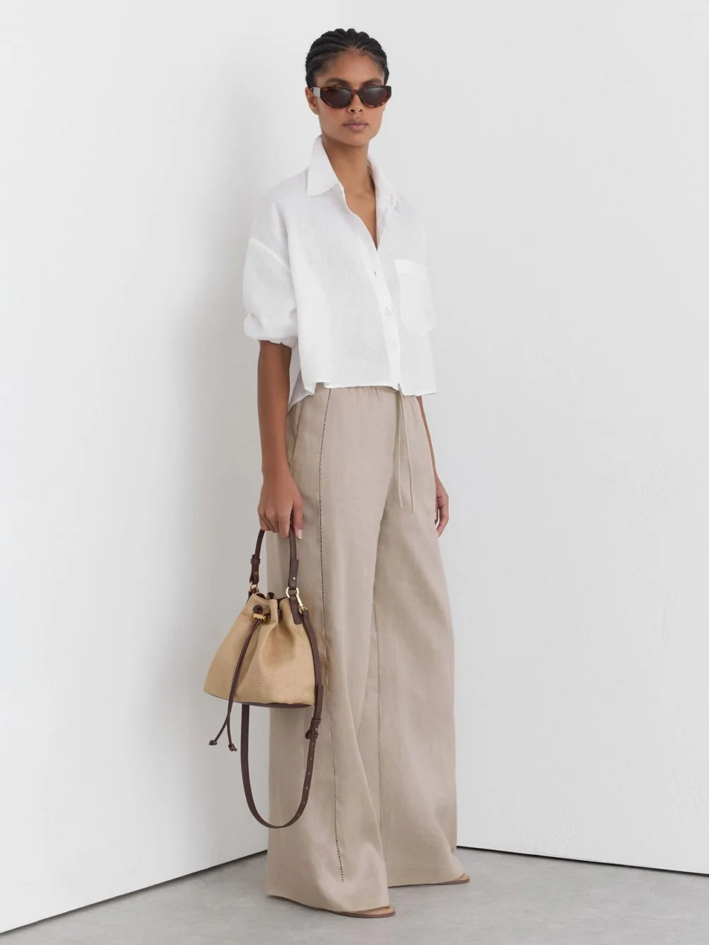 Reiss Neutral Petite Linen Ladder-embroidery Wide-leg Trousers