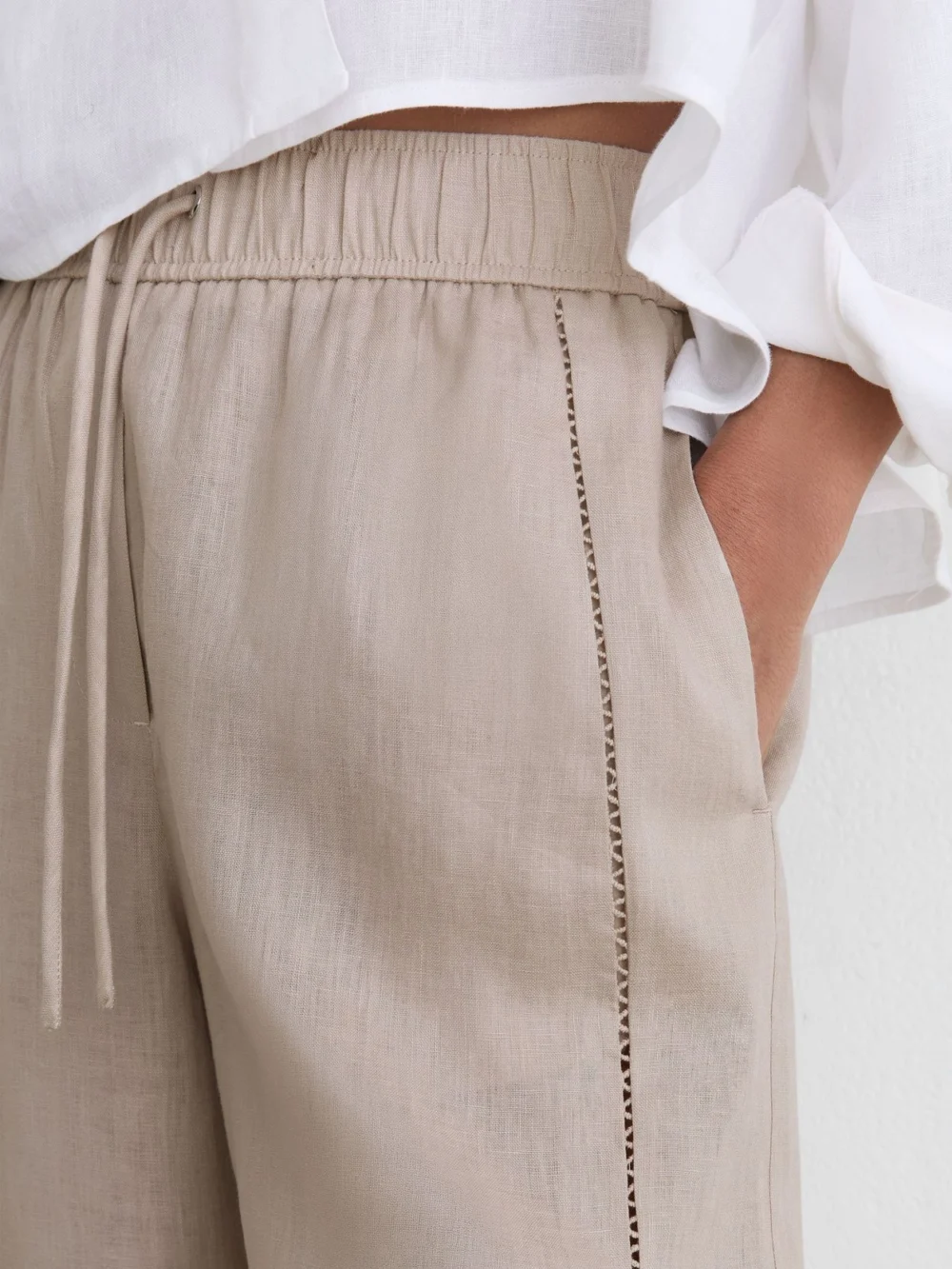 Reiss Neutral Petite Linen Ladder-embroidery Wide-leg Trousers, view 4