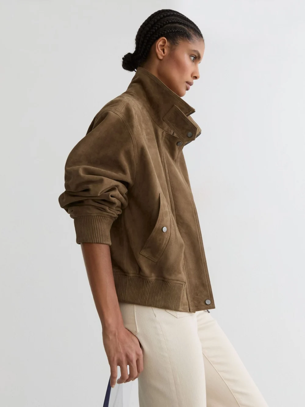Reiss Neutral Petite Suede Funnel-neck Bomber Jacket, view 3