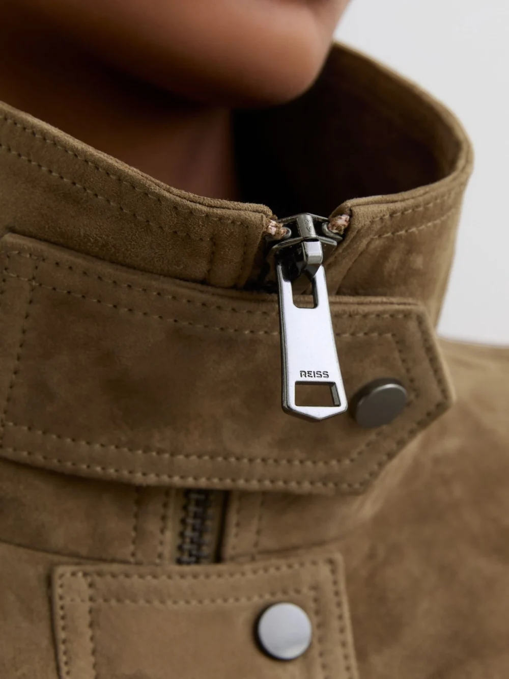 Reiss Neutral Petite Suede Funnel-neck Bomber Jacket, view 4