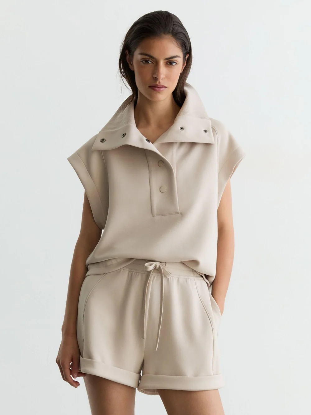 Reiss Neutral Premium Interlock Sleeveless Collared Top