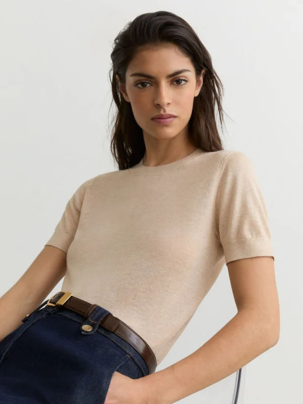 Reiss Neutral Short-sleeve Knitted Top with Linen