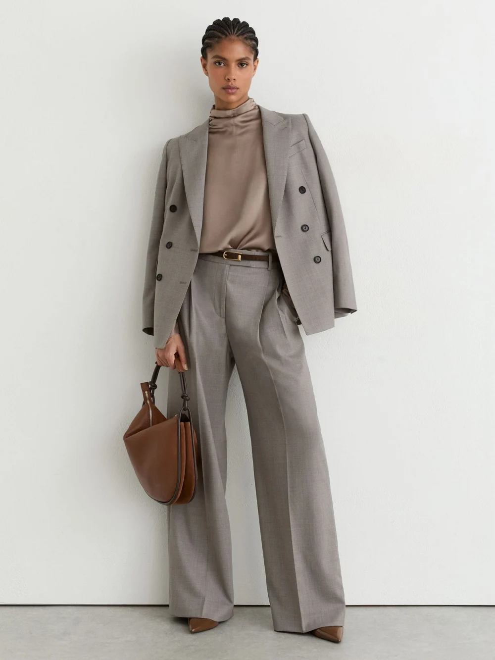Reiss Neutral Silk High-neck Blouse, view 4