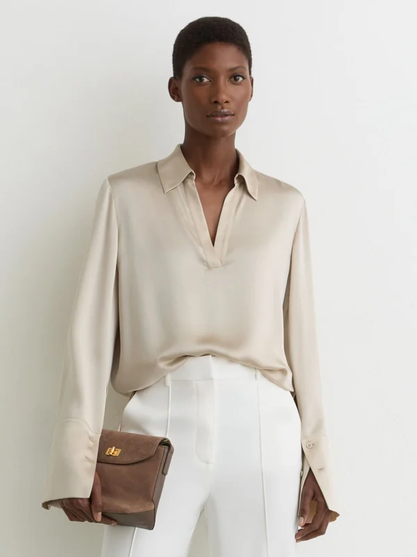 Reiss Neutral Silk Open-collar Blouse