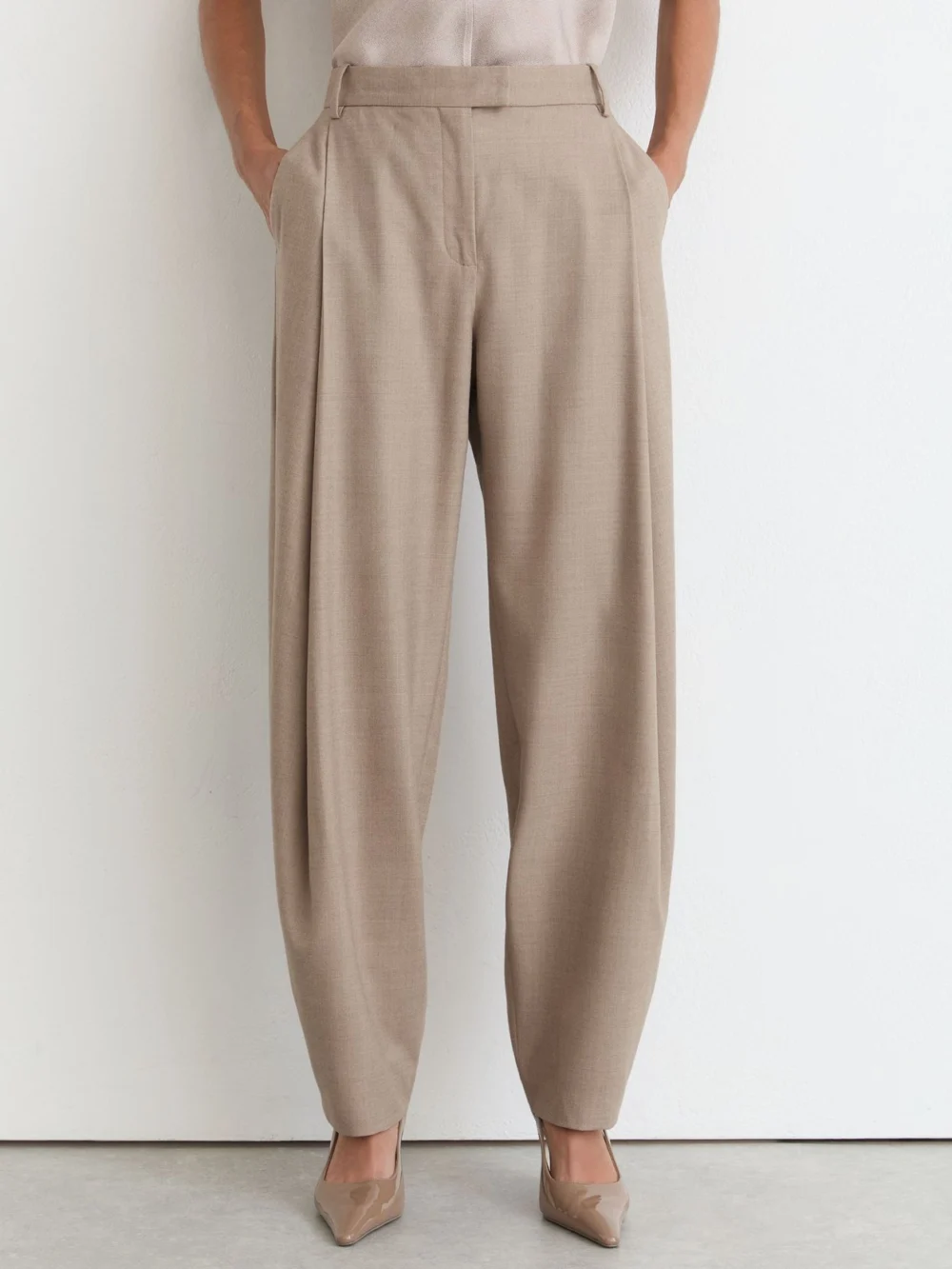 Reiss Neutral Wool-blend Barrel-leg Suit Trousers, view 3
