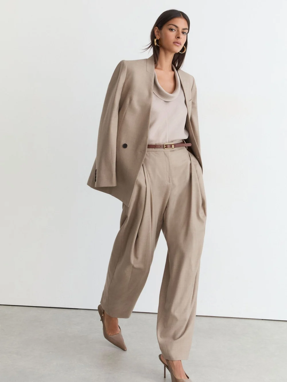 Reiss Neutral Wool-blend Barrel-leg Suit Trousers, view 4