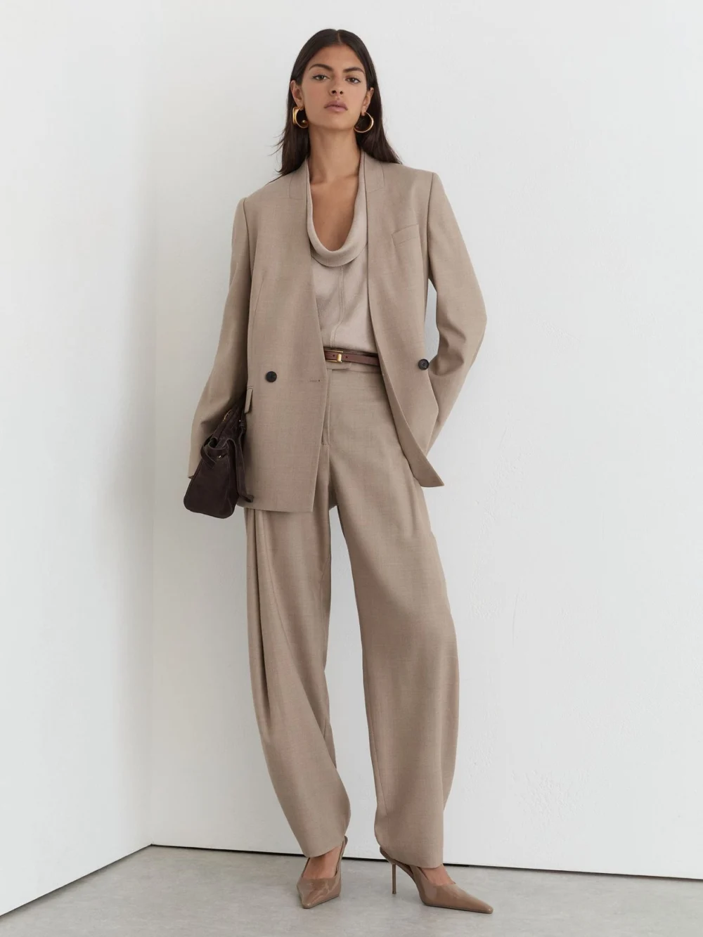 Reiss Neutral Wool-blend Barrel-leg Suit Trousers, view 5