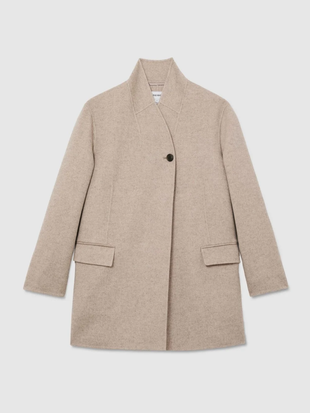 Reiss Neutral Wool-blend Collarless Blind-seam Short Coat, view 2