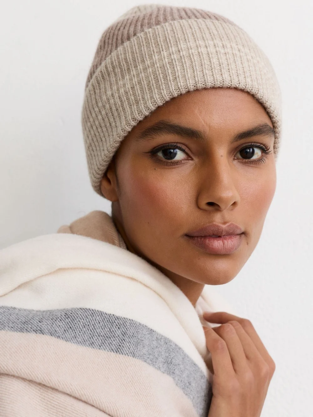 Reiss Neutral Wool-blend Striped Rib-knit Beanie,