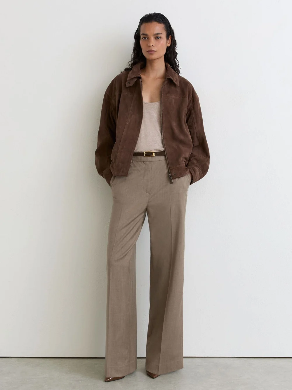 Reiss Neutral Wool-blend Wide-leg Trousers, view 5