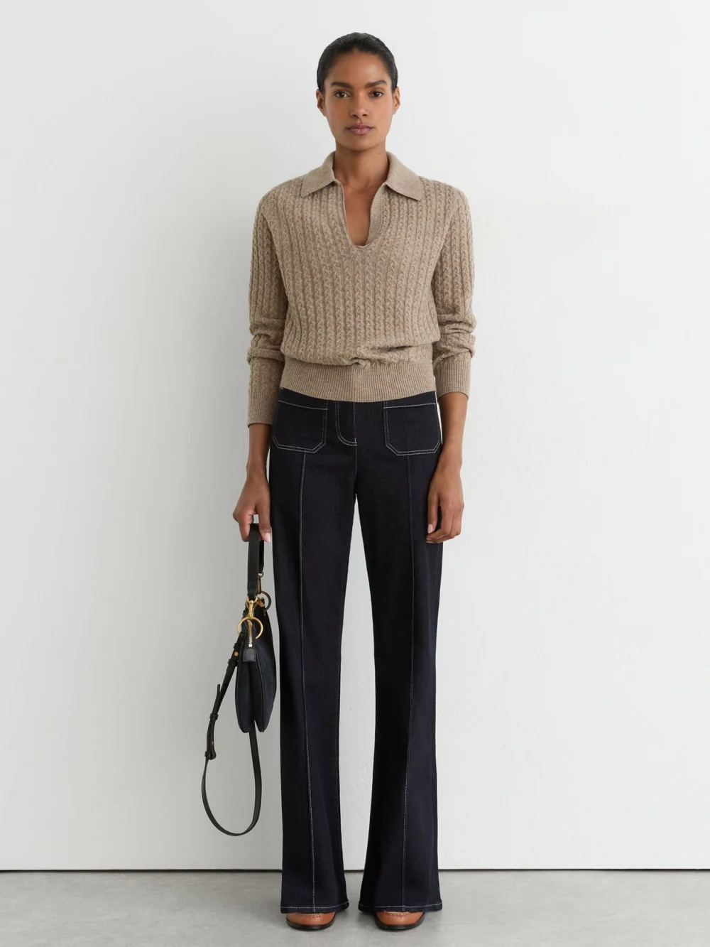 Reiss Neutral Wool-cashmere Cable-knit Collared Jumper, view 4