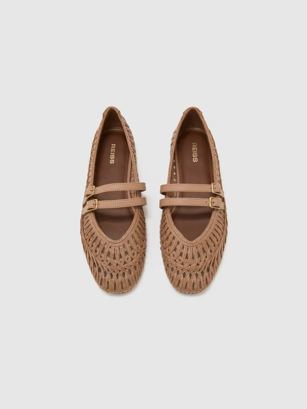 Reiss Neutral Woven Ballerina-strap Flats, view 2