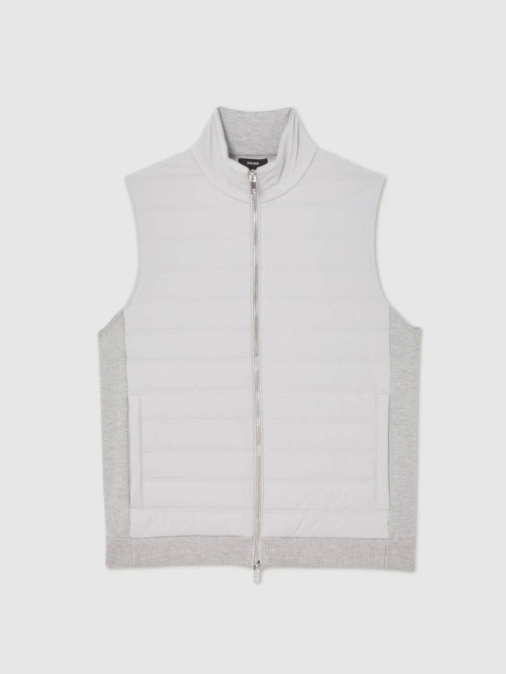 Reiss Newford Men's Soft Grey Funnel-neck Quilted Knit Gilet, view 2