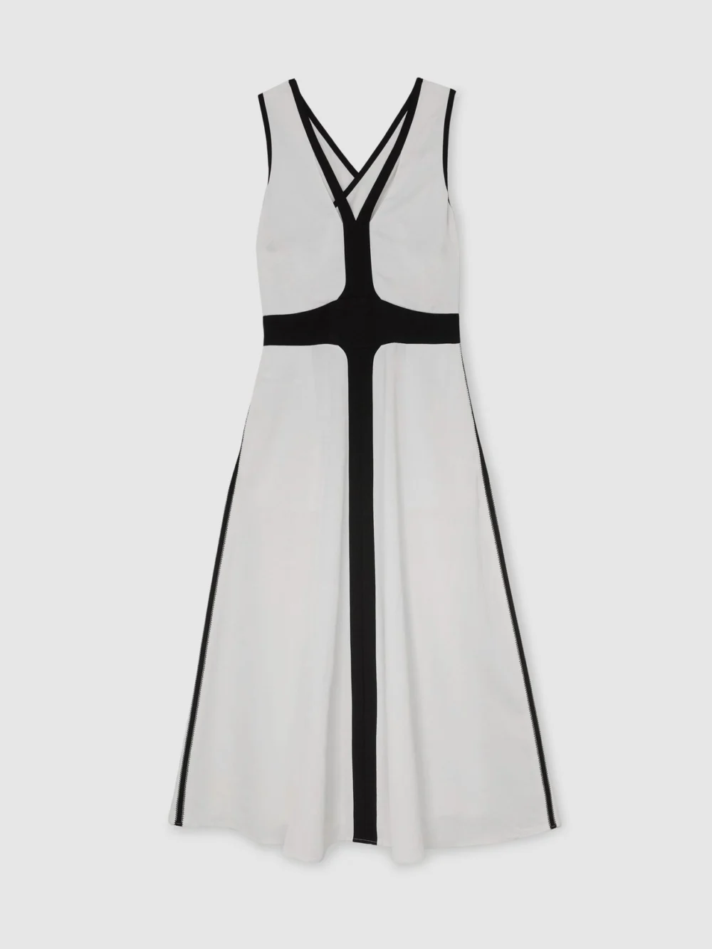 Reiss Nova Contrast-trim Cross-back Midi Dress with Linen, 16, view 2