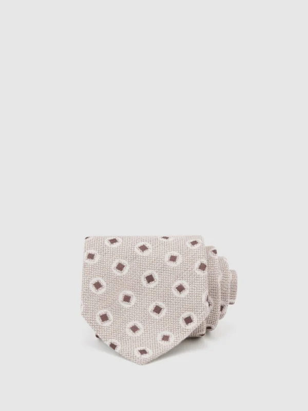 Reiss Oatmeal & Chocolate Brown Cotton-silk Square Medallion-print Tie,