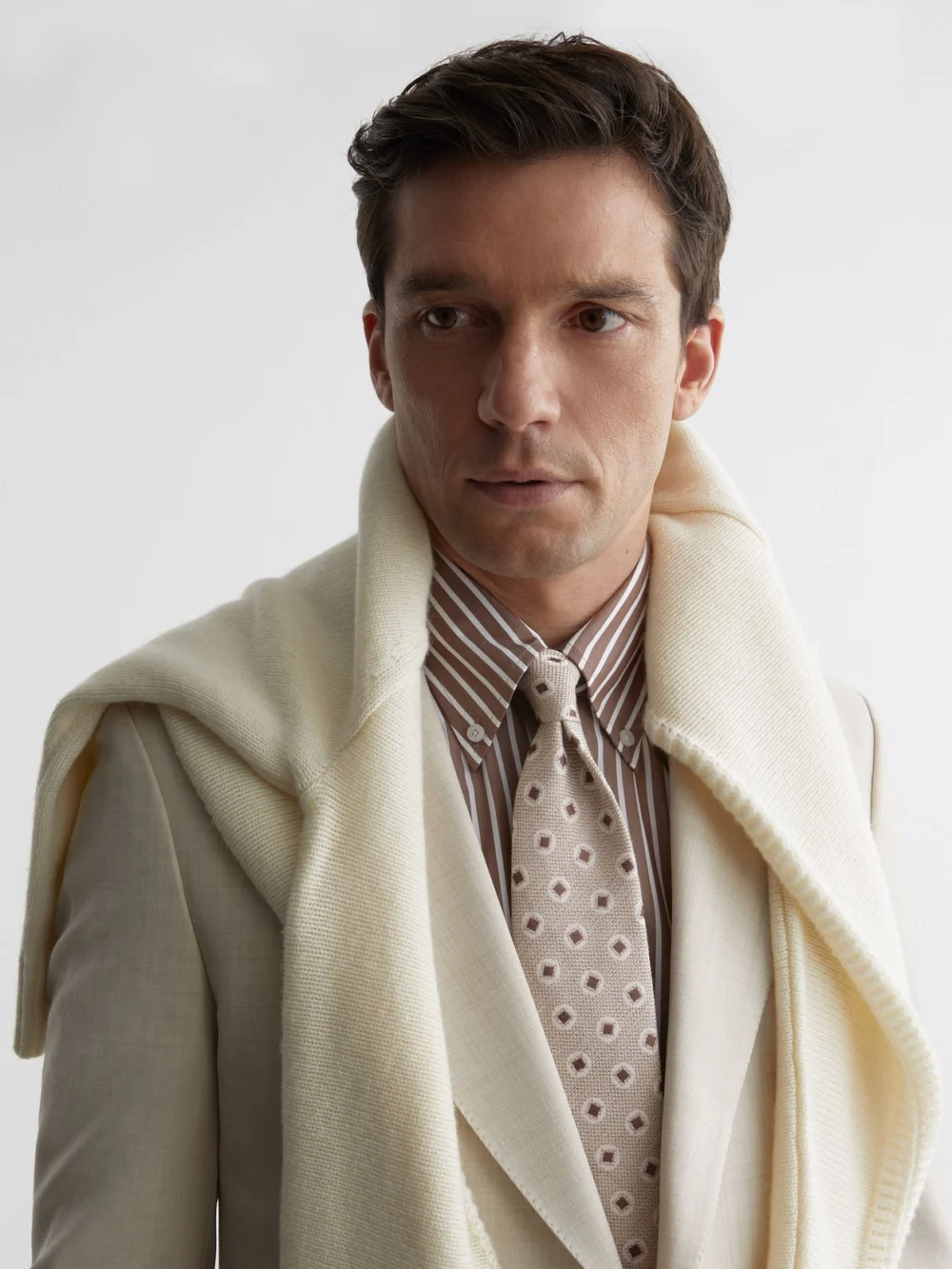 Reiss Oatmeal & Chocolate Brown Cotton-silk Square Medallion-print Tie,, view 2