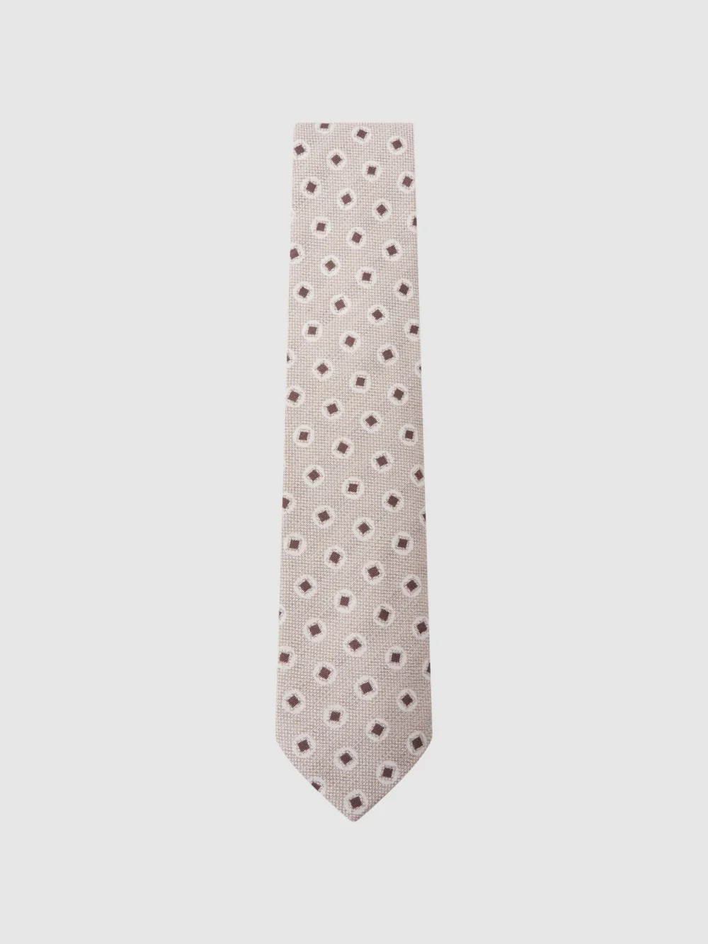 Reiss Oatmeal & Chocolate Brown Cotton-silk Square Medallion-print Tie,, view 3