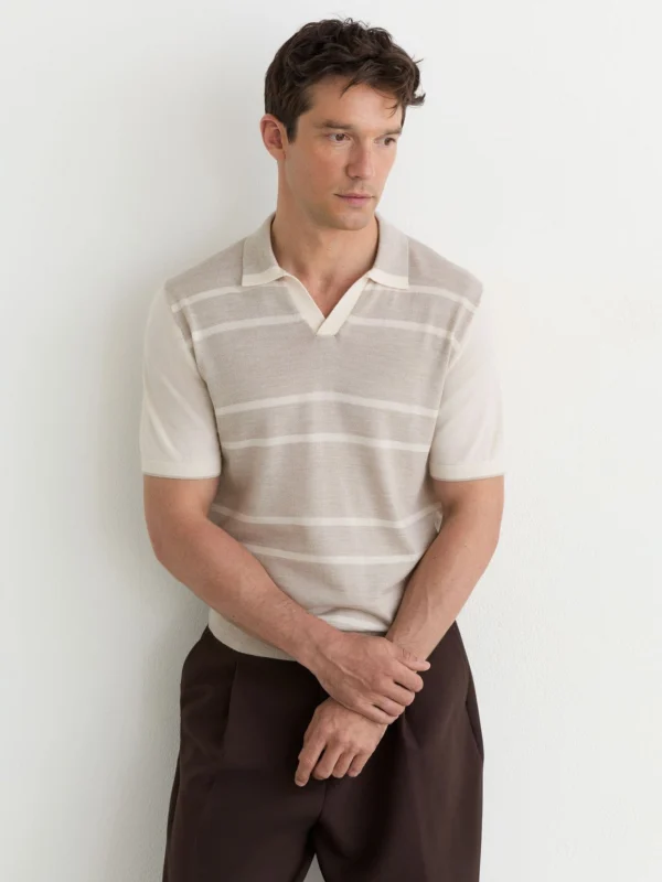 Reiss Oatmeal & White Merino Wool Striped-knit Polo Jumper