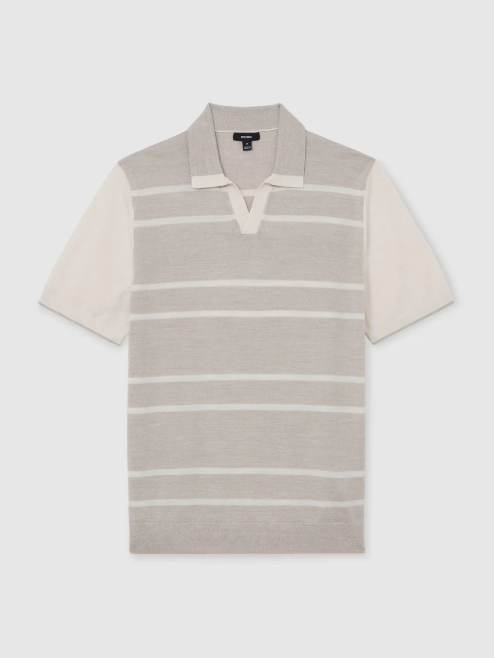 Reiss Oatmeal & White Merino Wool Striped-knit Polo Jumper, view 2