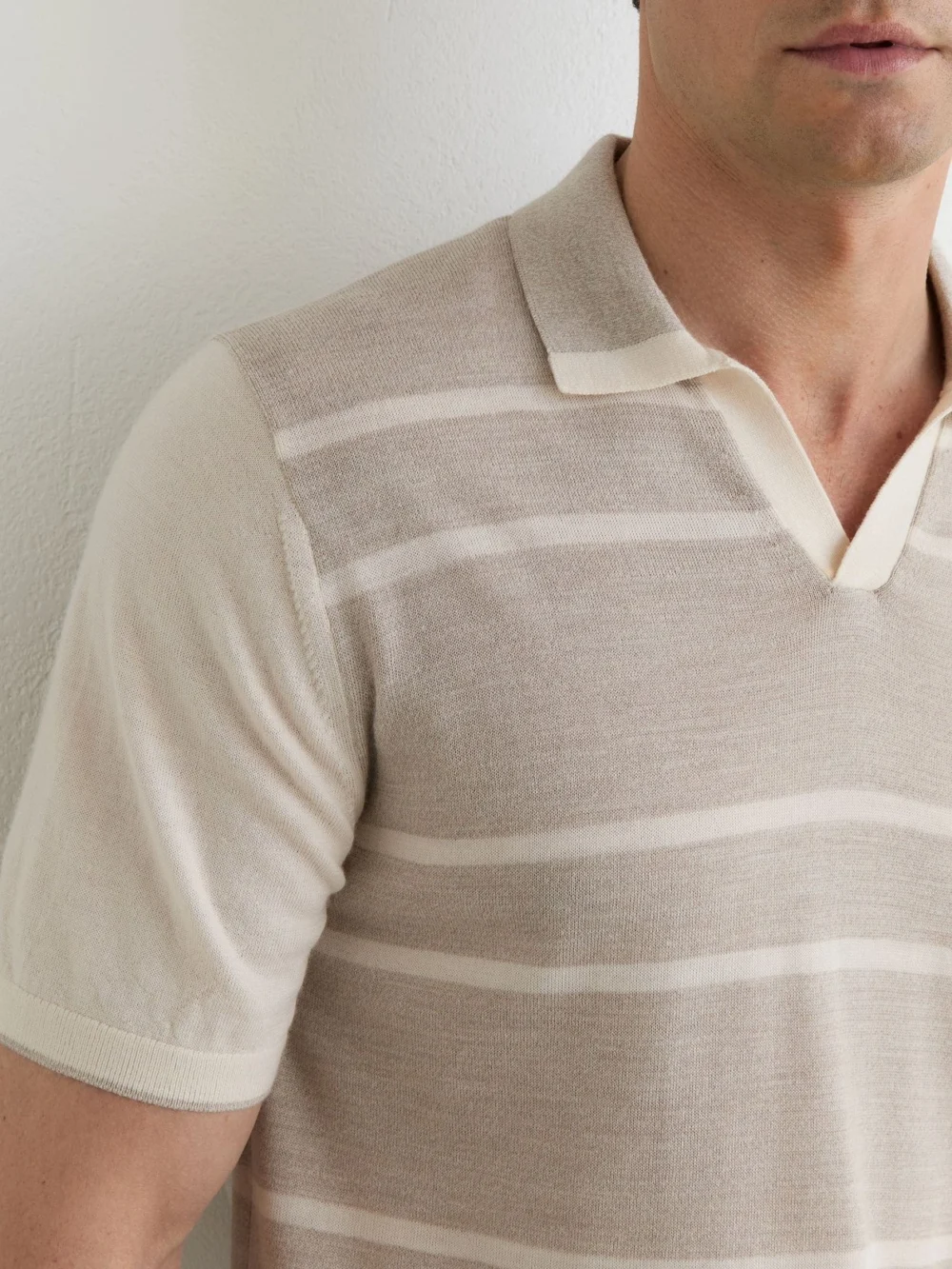 Reiss Oatmeal & White Merino Wool Striped-knit Polo Jumper, view 3