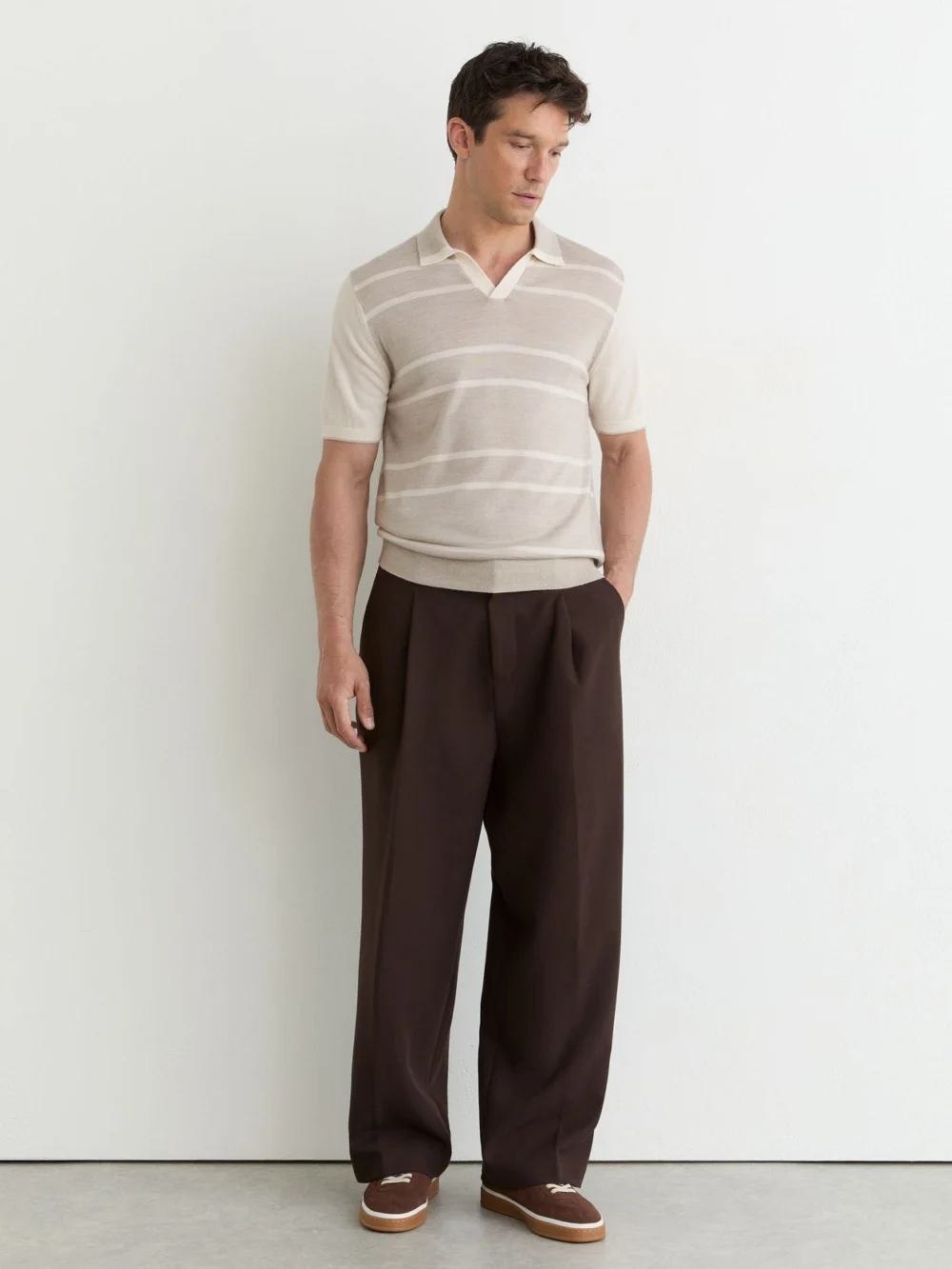 Reiss Oatmeal & White Merino Wool Striped-knit Polo Jumper, view 4
