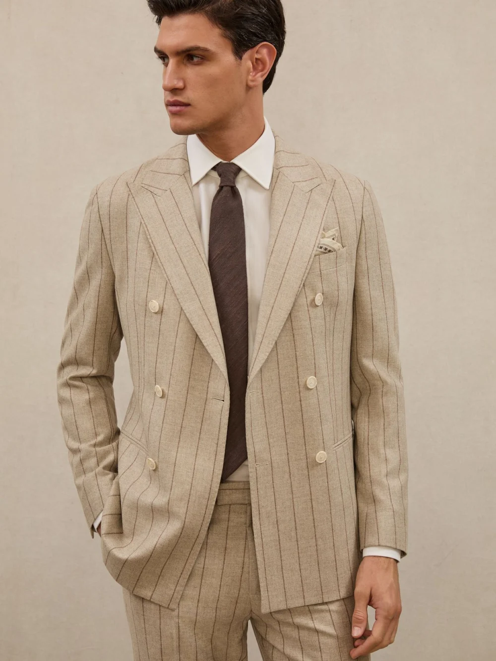 Reiss Oatmeal Brown Atelier Pinstripe Double-breasted Blazer Wool Slim-fit
